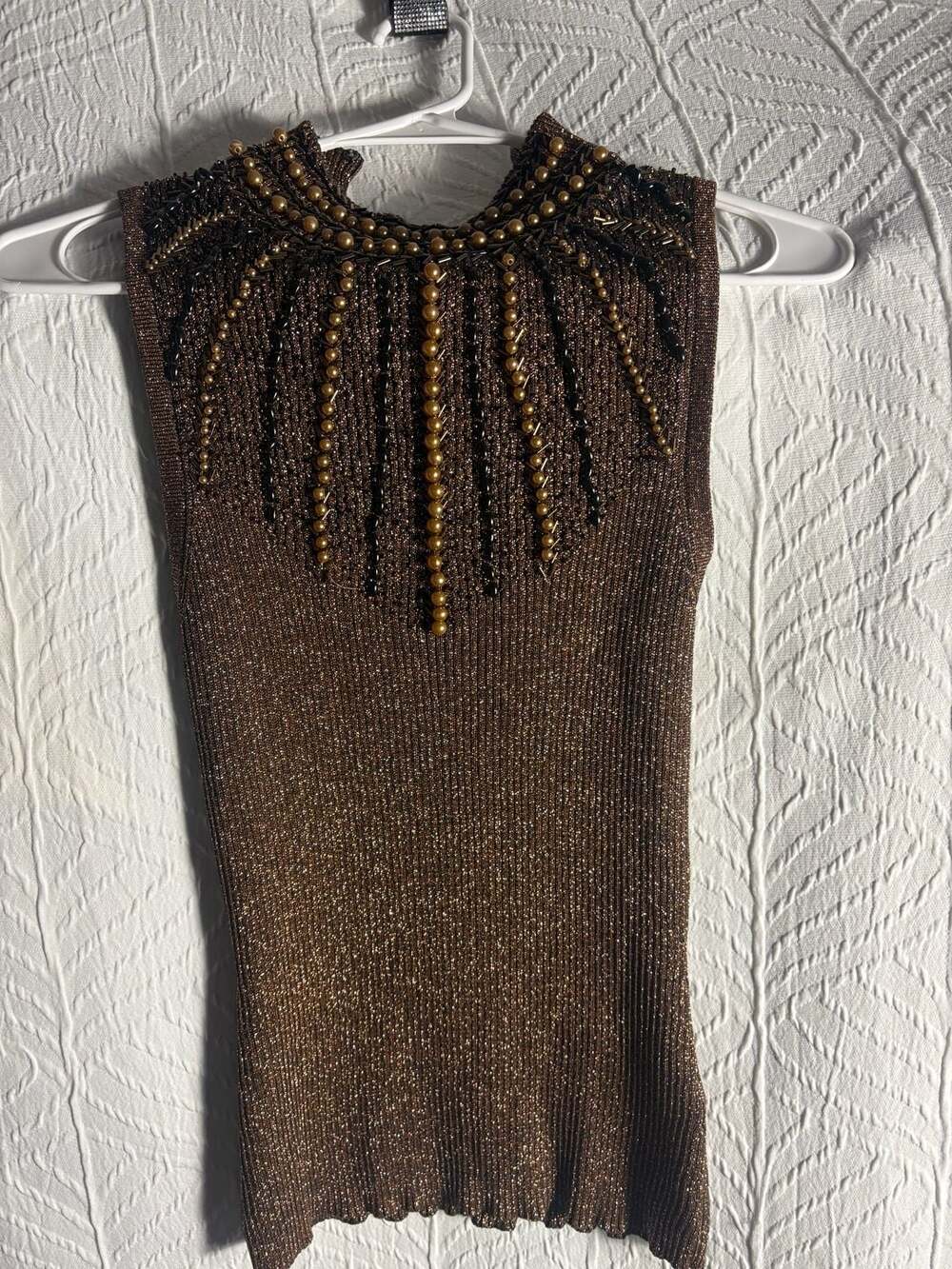 Cache Metallic Brown Beaded Mock Neck Sleeveless Cutout Back Top
